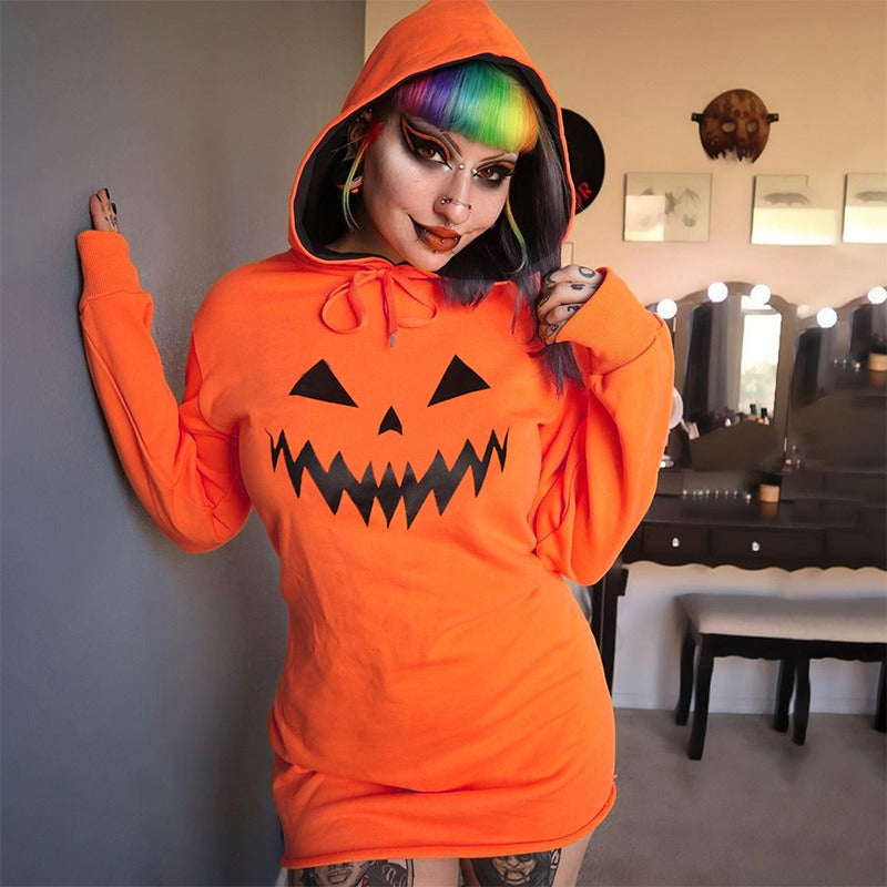 Cozy Halloween Pumpkin Oversized Hoodie Sweatshirt Dress