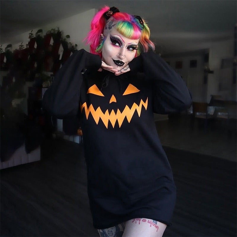 Cozy Halloween Pumpkin Oversized Hoodie Sweatshirt Dress